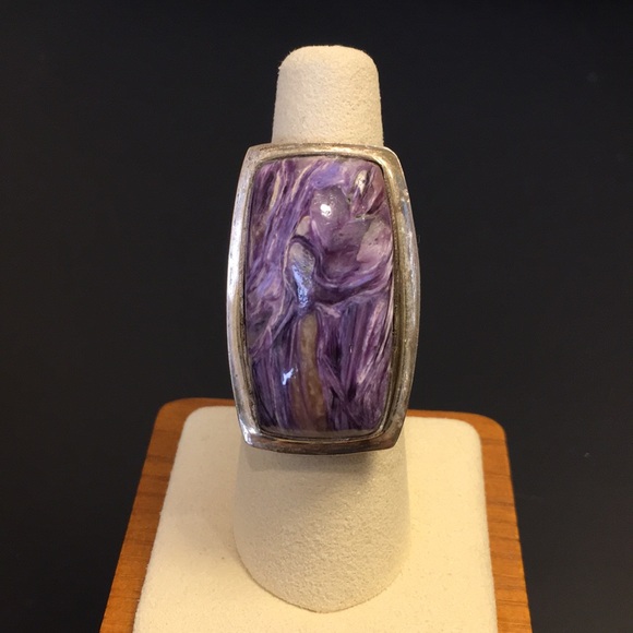 Vintage Amethyst Cabochon Sterling Silver Cocktail Ring Sz 7•1/4 - Picture 5 of 13